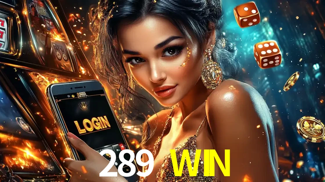 Mulher glamourosa segurando um celular com a tela de login do cassino 289 WIN, rodeada por dados e moedas douradas, pronta para começar a diversão.