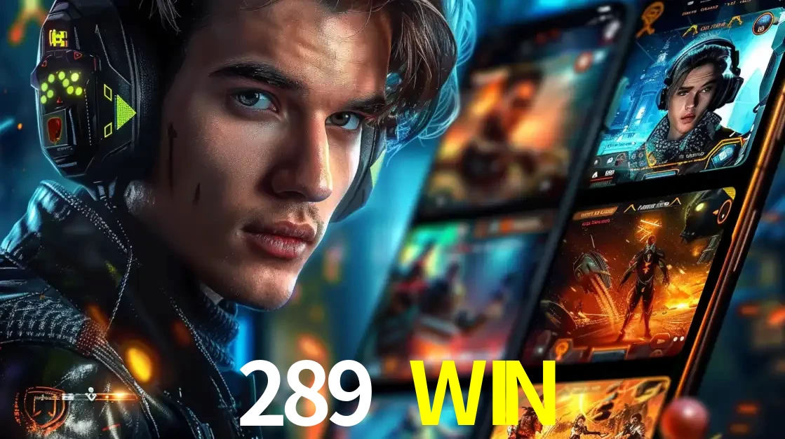 Jovem jogador com fones de ouvido olhando para a câmera, com um aplicativo de jogos e e-sports para celular ao fundo, pronto para a competição e apostas no 289 WIN.