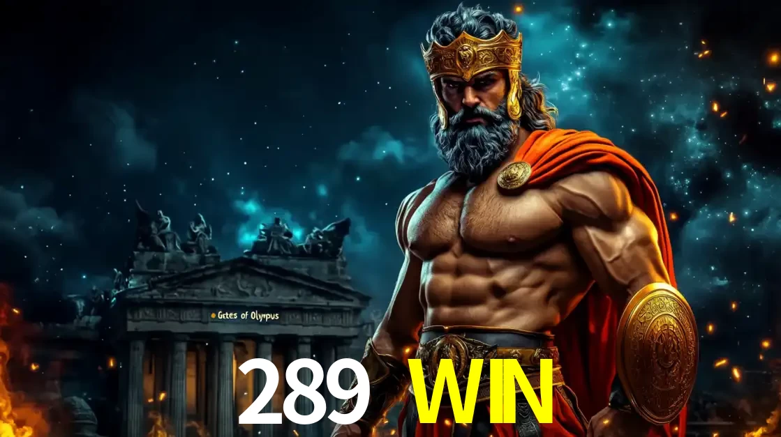 O poderoso Zeus do jogo de slot Gates of Olympus em frente ao seu templo, pronto para lançar multiplicadores divinos e prêmios épicos no cassino online 289 WIN.