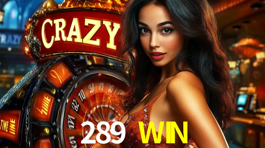 Mulher glamourosa olhando para a câmera com a roda vermelha do Crazy Time ao fundo em um ambiente de cassino, destacando a emoção dos jogos ao vivo no 289 WIN.