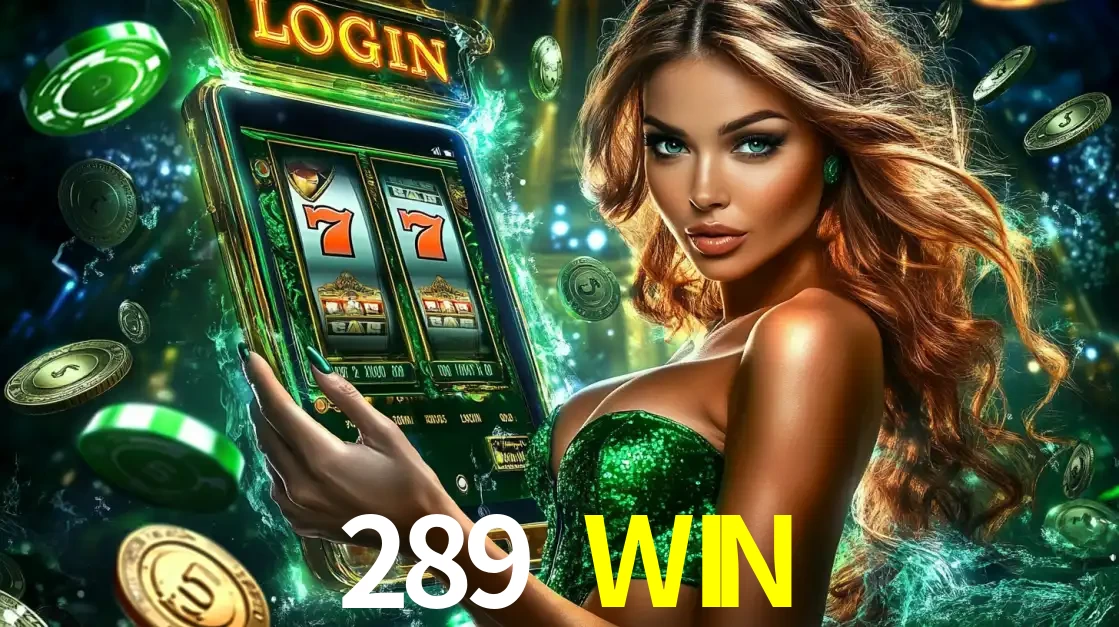 Mulher com tema verde apresentando o aplicativo do cassino 289 WIN com um jogo de slot de 777, cercada por fichas de cassino e uma aura de sorte.