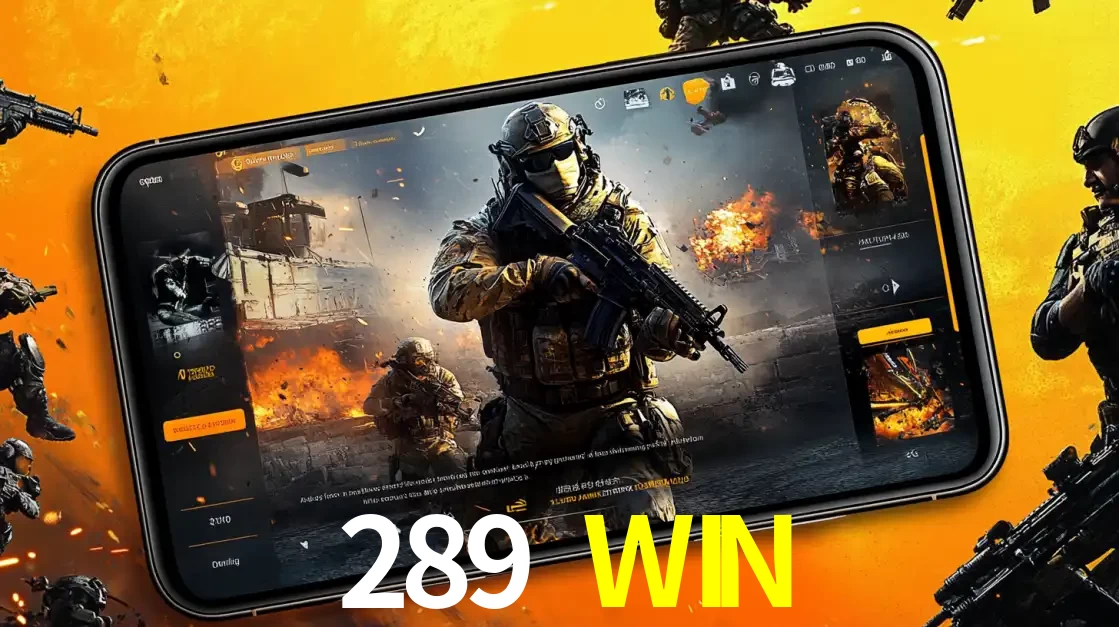Um smartphone exibindo a interface de um jogo de tiro em primeira pessoa, com um soldado em um cenário de batalha, representando a ação dos e-sports para apostar no 289 WIN.