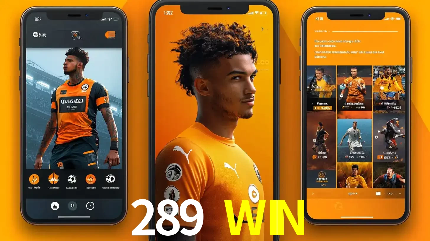 Interface do aplicativo de apostas esportivas 289 WIN em três telas de celular, mostrando o perfil de um jogador de futebol e a lista de jogos disponíveis para apostar.