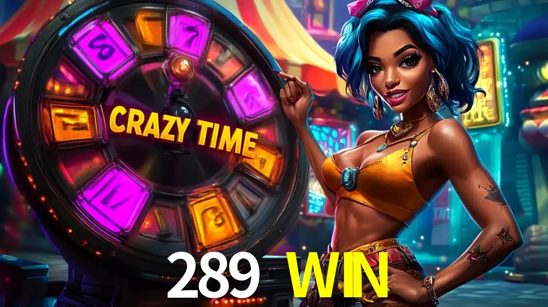 Mulher estilizada com cabelo azul e visual vibrante posando ao lado da roda de prêmios do game show Crazy Time, convidando para a diversão e os bônus do cassino 289 WIN.