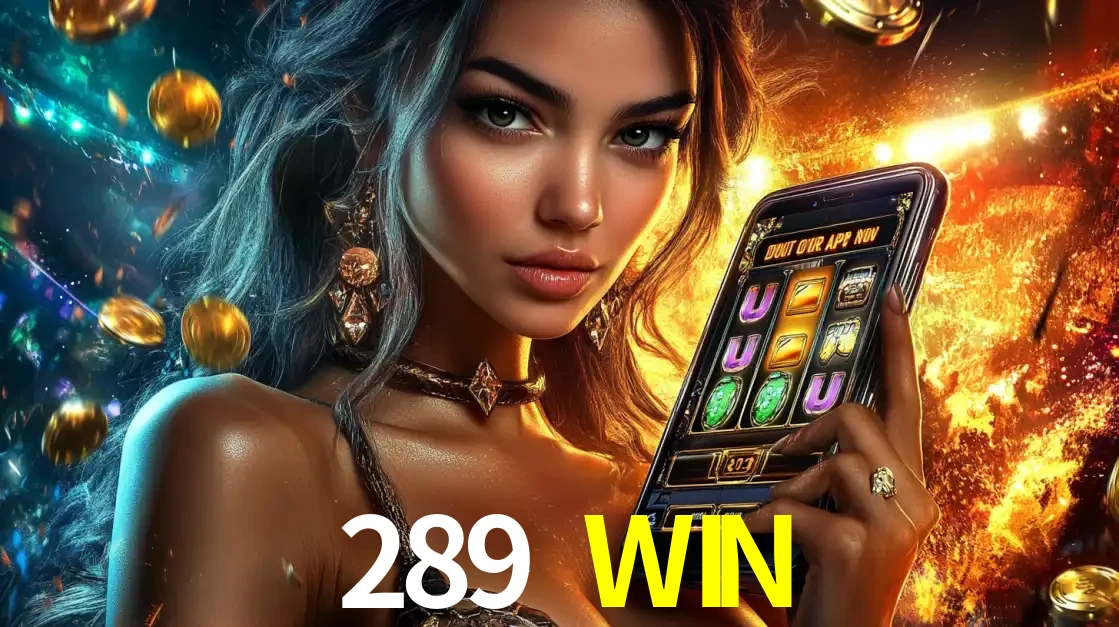 Mulher elegante mostrando um jogo de caça-níqueis em seu smartphone, destacando a experiência de cassino móvel oferecida pelo aplicativo 289 WIN.