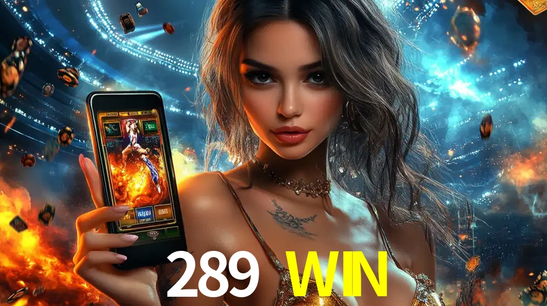 Mulher segurando um celular com um jogo de slot em destaque, tendo como fundo um estádio vibrante, simbolizando a emoção de jogar no cassino móvel 289 WIN.