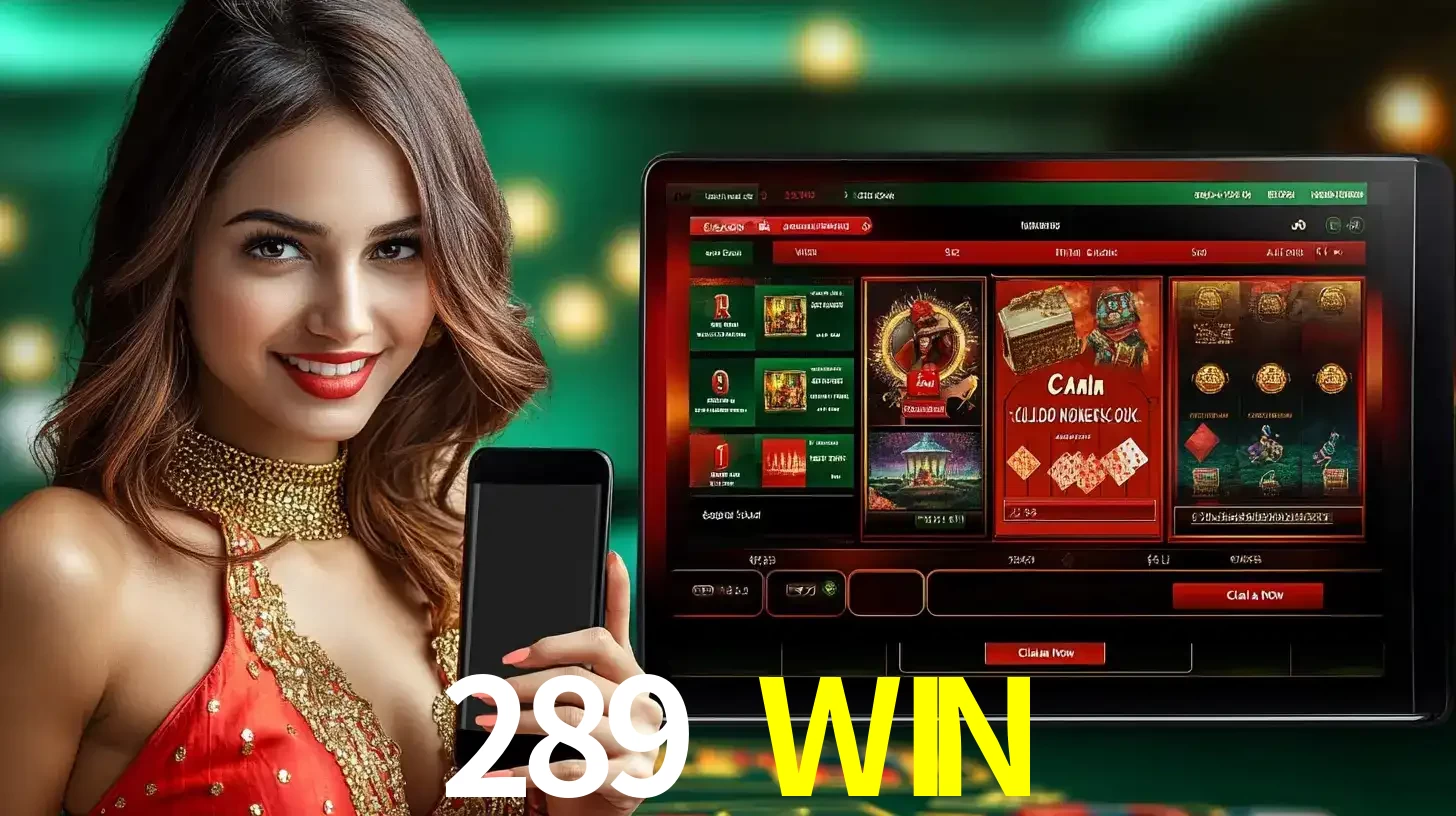 Mulher sorridente segurando um smartphone, ao lado de uma tela exibindo o lobby de jogos do cassino online 289 WIN, com várias opções de jogos de cartas e slots.
